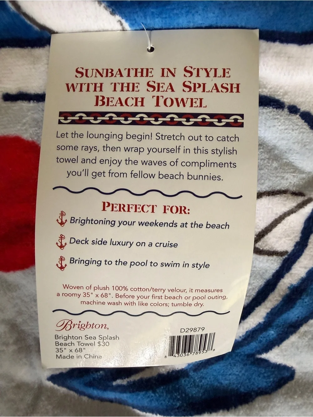 Brighton Sea Splash Beach Towel NWT- Red, Blue & White